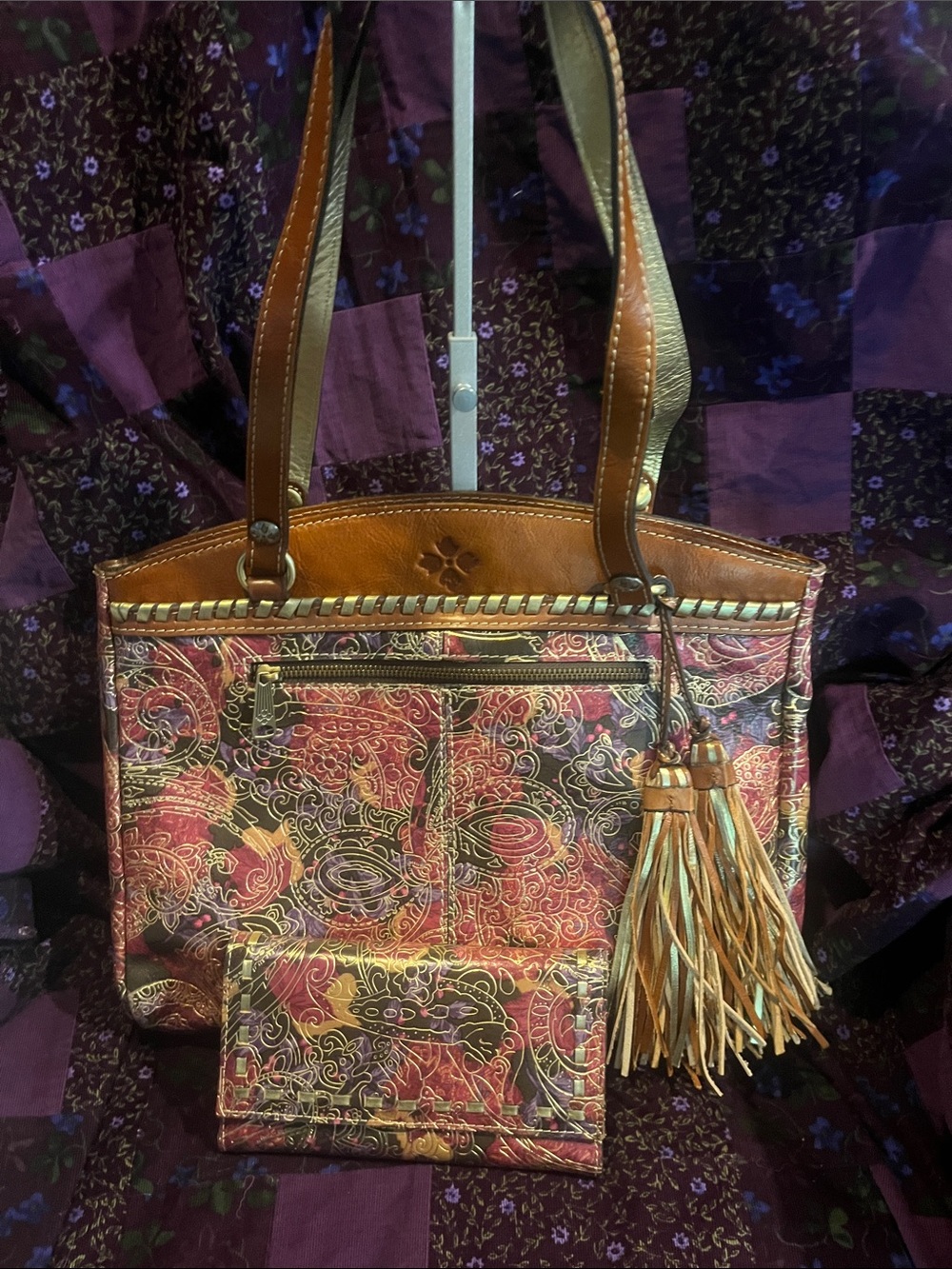 Patricia Nash Multicolor Paisley Leather-Trim Shoulder Tote with Tassel